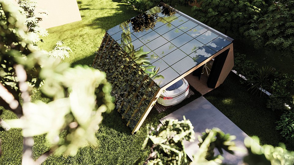 Wyróżnienie w konkursie "Design Przyszłości. Najlepszy projekt SunRoof 2021", kategoria "carport przyszłości": Carport Pro, autor projektu: Arch. Iga Soczawa.
